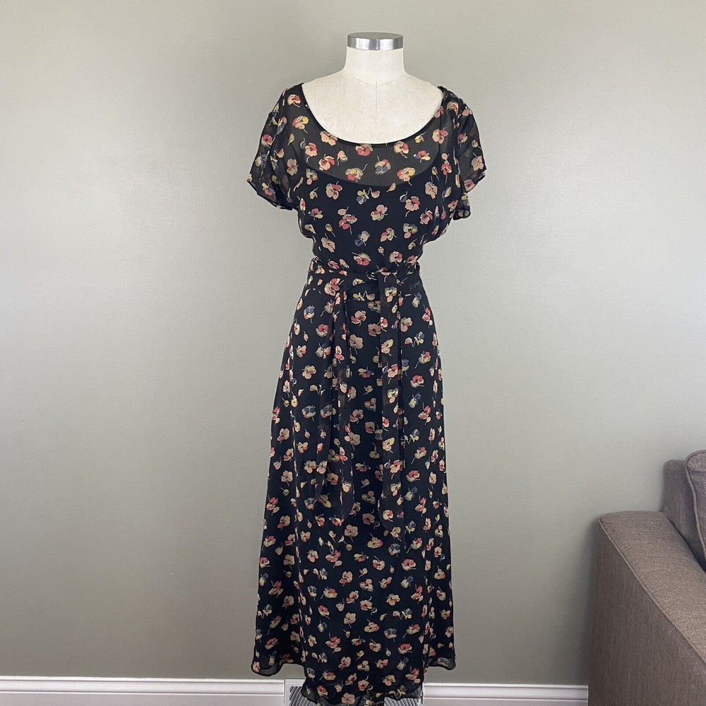 Vtg 90s Banana Republic Womens Maxi Dress 14 Black Floral Sheer Hong Kong Y2K